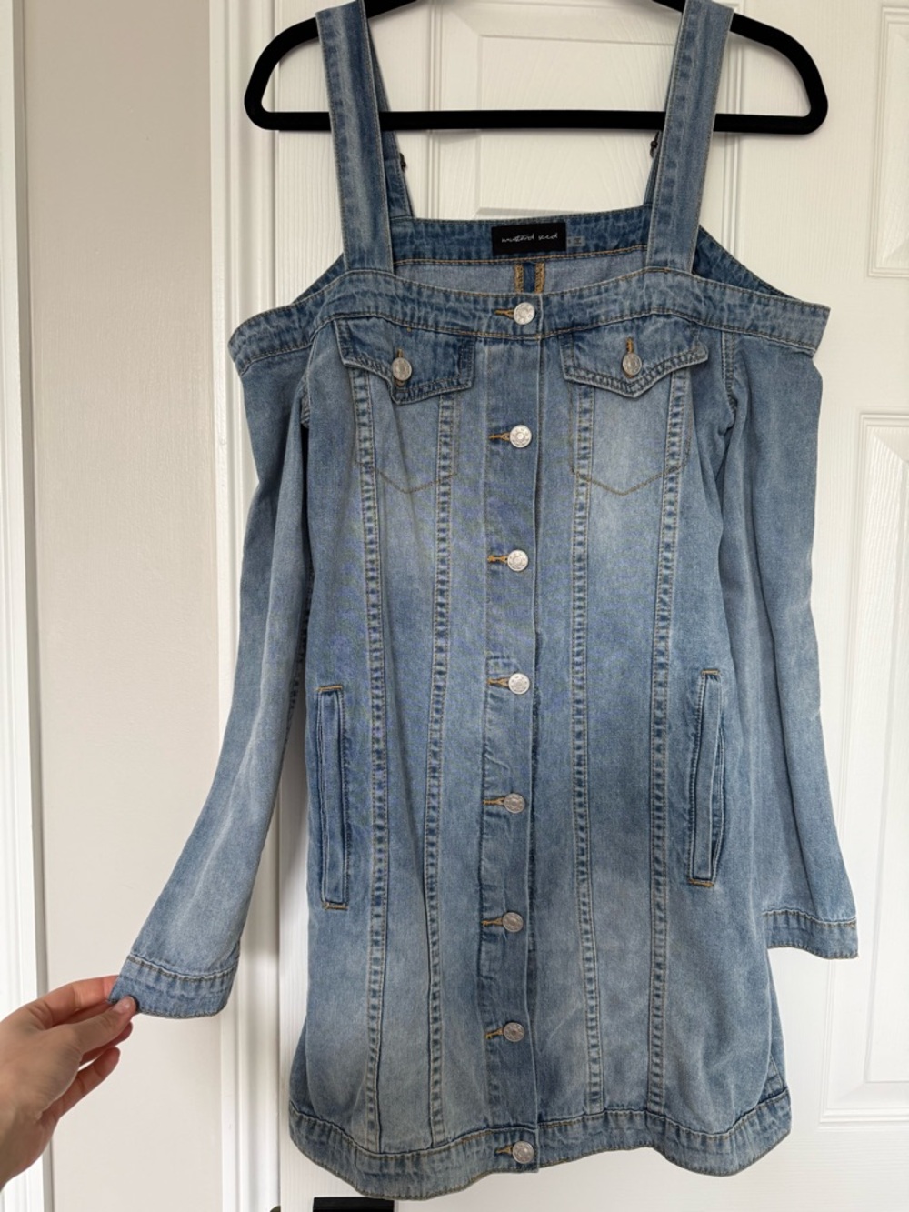 Mustard Seed Light Blue Denim Off-Shoulder Overalls Dress